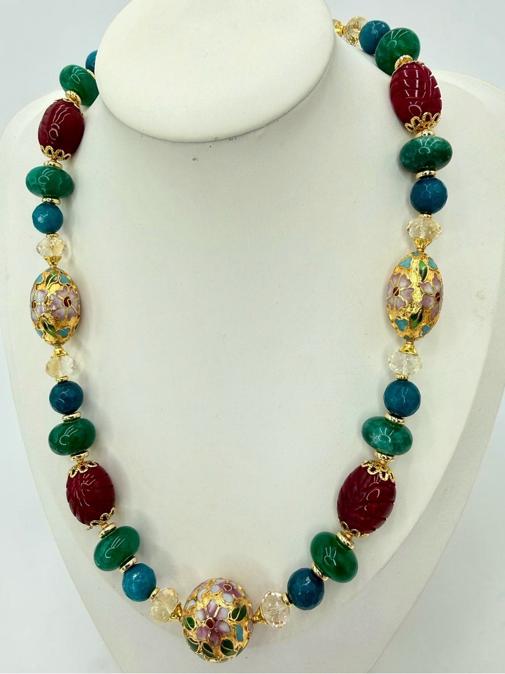 Artisan Cloisonné Emerald Ruby Citrine Apatite Necklace 93g 18” One Of A Kind
